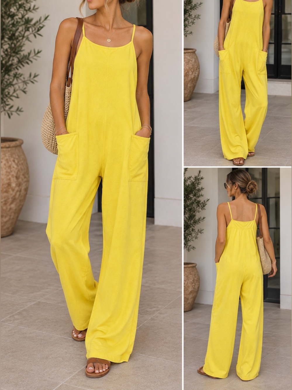 Women’s Yellow Wide-Leg Jumpsuit with Pockets